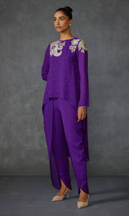 Namrata Joshipura Purple Georgette Sequins, Beads Round Neck Peizuli Embellished High-low Tunic Online at Aza Fashions Namrata Joshipura_Purple Georgette Sequins, Beads Round Neck Peizuli Embellished High-low Tunic _Online_at_Aza_Fashions