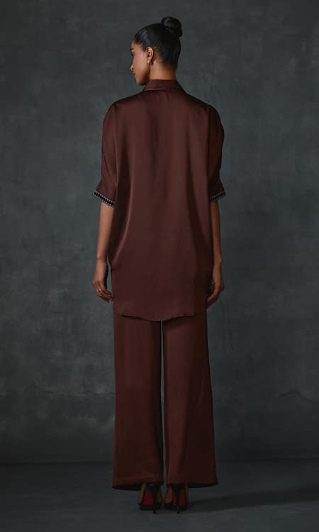 Shop Namrata Joshipura Brown Satin Sequins, Beads, Applique Shawl Fauxpetal Embellished Shirt Tunic at Aza Fashions Shop_Namrata Joshipura_Brown Satin Sequins, Beads, Applique Shawl Fauxpetal Embellished Shirt Tunic _at_Aza_Fashions