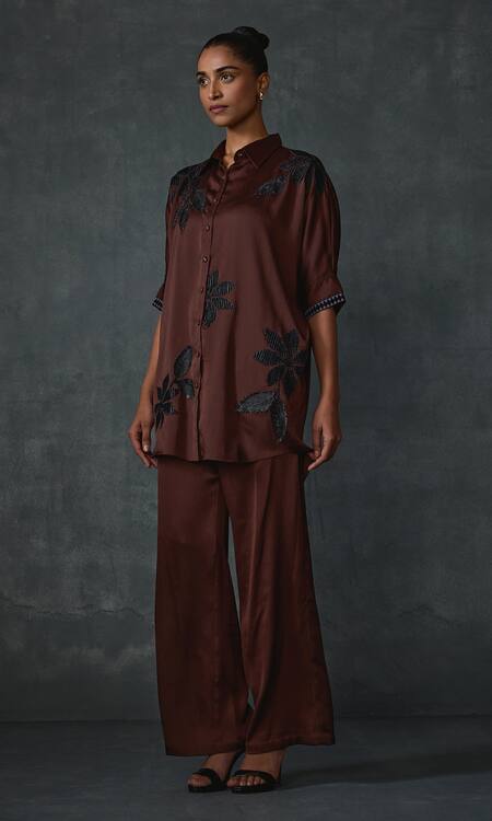 Namrata Joshipura Brown Satin Sequins, Beads, Applique Shawl Fauxpetal Embellished Shirt Tunic Online at Aza Fashions Namrata Joshipura_Brown Satin Sequins, Beads, Applique Shawl Fauxpetal Embellished Shirt Tunic _Online_at_Aza_Fashions