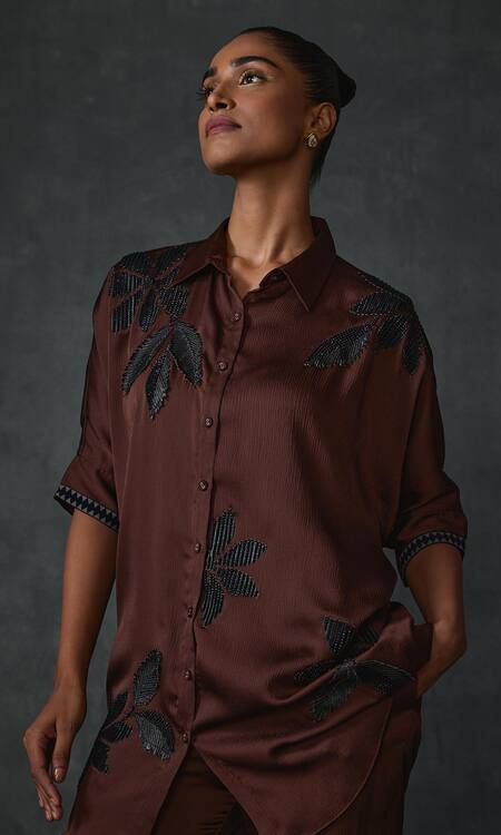 Buy Namrata Joshipura Brown Satin Sequins, Beads, Applique Shawl Fauxpetal Embellished Shirt Tunic Online at Aza Fashions Buy_Namrata Joshipura_Brown Satin Sequins, Beads, Applique Shawl Fauxpetal Embellished Shirt Tunic _Online_at_Aza_Fashions