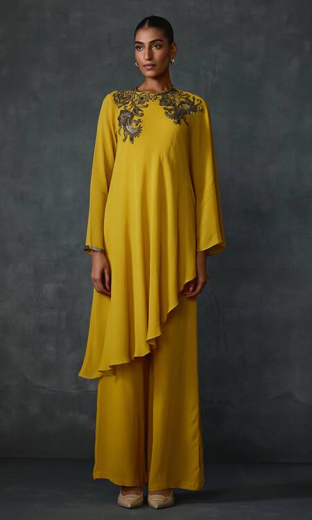Namrata Joshipura_Yellow Georgette Sequins, Beads Round Neck Peizuli Embellished Asymmetric Tunic _Online_at_Aza_Fashions