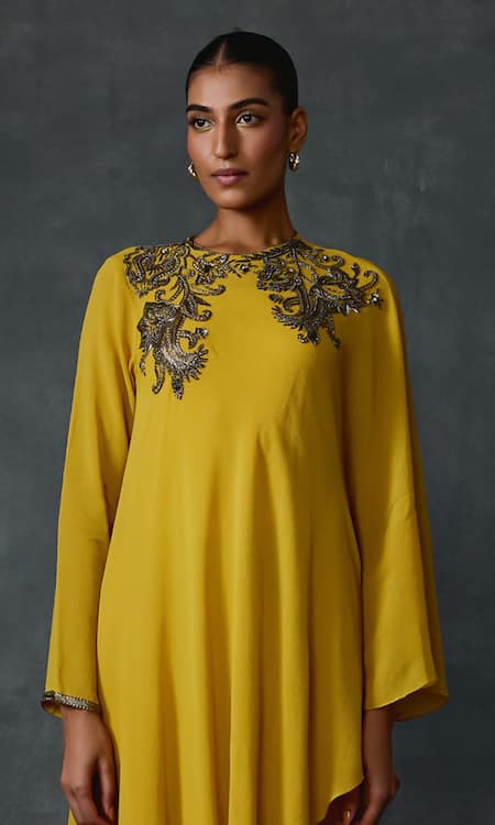 Buy_Namrata Joshipura_Yellow Georgette Sequins, Beads Round Neck Peizuli Embellished Asymmetric Tunic _Online_at_Aza_Fashions