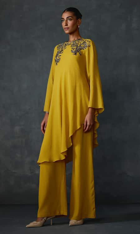 Shop_Namrata Joshipura_Yellow Georgette Sequins, Beads Round Neck Peizuli Embellished Asymmetric Tunic _Online_at_Aza_Fashions