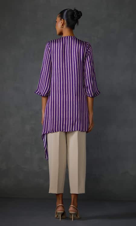Shop Namrata Joshipura Purple Satin Beads Round Neck Moonwilt Striped Asymmetric Tunic at Aza Fashions Shop_Namrata Joshipura_Purple Satin Beads Round Neck Moonwilt Striped Asymmetric Tunic _at_Aza_Fashions