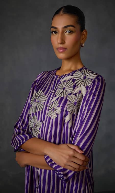 Shop Namrata Joshipura Purple Satin Beads Round Neck Moonwilt Striped Asymmetric Tunic Online at Aza Fashions Shop_Namrata Joshipura_Purple Satin Beads Round Neck Moonwilt Striped Asymmetric Tunic _Online_at_Aza_Fashions