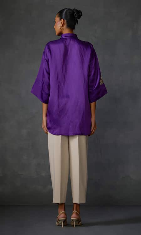 Shop Namrata Joshipura Purple Linen, Satin Embroidery Shawl Moonwilt Floral Embellished Shirt Tunic at Aza Fashions Shop_Namrata Joshipura_Purple Linen, Satin Embroidery Shawl Moonwilt Floral Embellished Shirt Tunic _at_Aza_Fashions