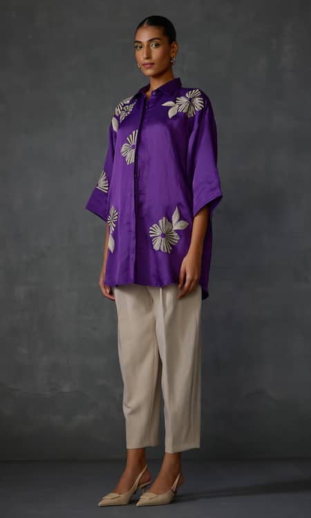 Namrata Joshipura Purple Linen, Satin Embroidery Shawl Moonwilt Floral Embellished Shirt Tunic Online at Aza Fashions Namrata Joshipura_Purple Linen, Satin Embroidery Shawl Moonwilt Floral Embellished Shirt Tunic _Online_at_Aza_Fashions