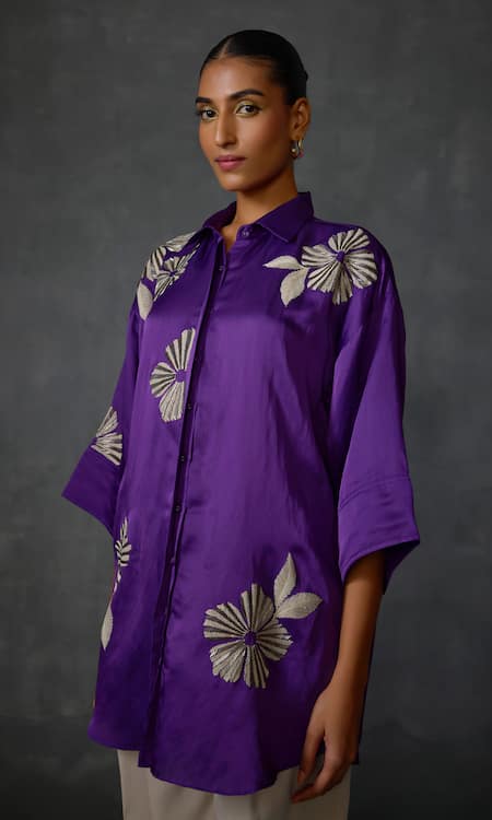 Buy Namrata Joshipura Purple Linen, Satin Embroidery Shawl Moonwilt Floral Embellished Shirt Tunic Online at Aza Fashions Buy_Namrata Joshipura_Purple Linen, Satin Embroidery Shawl Moonwilt Floral Embellished Shirt Tunic _Online_at_Aza_Fashions