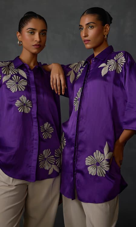 Shop Namrata Joshipura Purple Linen, Satin Embroidery Shawl Moonwilt Floral Embellished Shirt Tunic Online at Aza Fashions Shop_Namrata Joshipura_Purple Linen, Satin Embroidery Shawl Moonwilt Floral Embellished Shirt Tunic _Online_at_Aza_Fashions