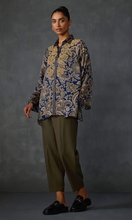 Shop Namrata Joshipura Blue Satin Beads Shawl Neck Myrrah Paisley Printed Shirt Tunic at Aza Fashions Shop_Namrata Joshipura_Blue Satin Beads Shawl Neck Myrrah Paisley Printed Shirt Tunic _at_Aza_Fashions