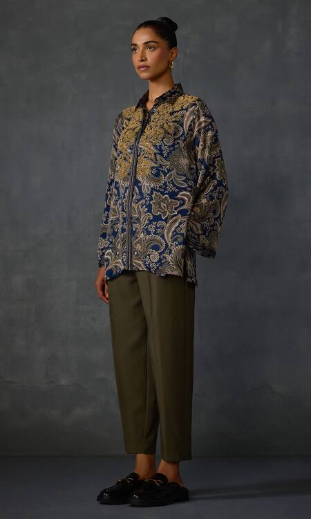 Namrata Joshipura Blue Satin Beads Shawl Neck Myrrah Paisley Printed Shirt Tunic Online at Aza Fashions Namrata Joshipura_Blue Satin Beads Shawl Neck Myrrah Paisley Printed Shirt Tunic _Online_at_Aza_Fashions