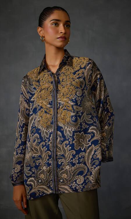 Buy Namrata Joshipura Blue Satin Beads Shawl Neck Myrrah Paisley Printed Shirt Tunic Online at Aza Fashions Buy_Namrata Joshipura_Blue Satin Beads Shawl Neck Myrrah Paisley Printed Shirt Tunic _Online_at_Aza_Fashions