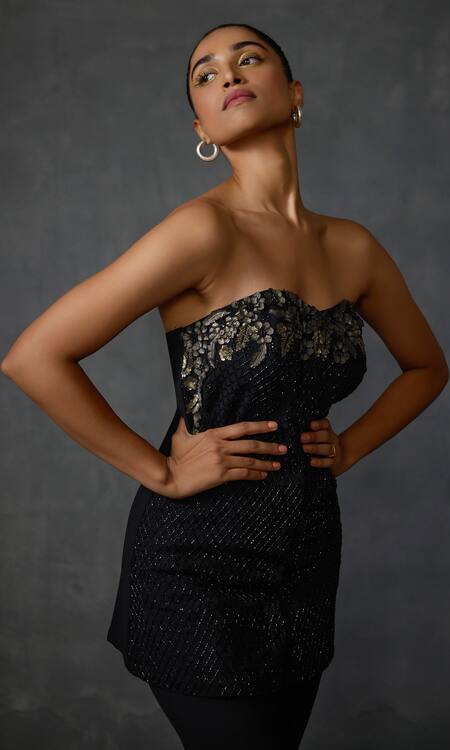 Namrata Joshipura_Black Jersey Embroidery Lattice Bead Applique Corset Top With Flared Pant _at_Aza_Fashions