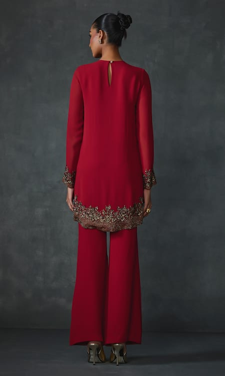Shop Namrata Joshipura Red Georgette Embroidery Round Neck Lattice Floral Applique Top With Flared Pant at Aza Fashions Shop_Namrata Joshipura_Red Georgette Embroidery Round Neck Lattice Floral Applique Top With Flared Pant _at_Aza_Fashions