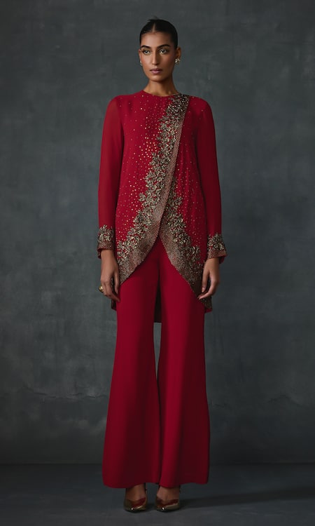 Namrata Joshipura Red Georgette Embroidery Round Neck Lattice Floral Applique Top With Flared Pant Online at Aza Fashions Namrata Joshipura_Red Georgette Embroidery Round Neck Lattice Floral Applique Top With Flared Pant _Online_at_Aza_Fashions
