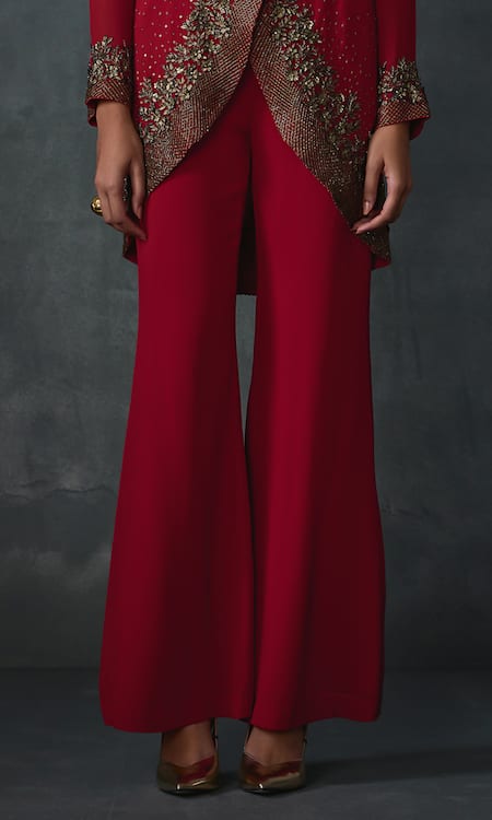 Buy Namrata Joshipura Red Georgette Embroidery Round Neck Lattice Floral Applique Top With Flared Pant Online at Aza Fashions Buy_Namrata Joshipura_Red Georgette Embroidery Round Neck Lattice Floral Applique Top With Flared Pant _Online_at_Aza_Fashions