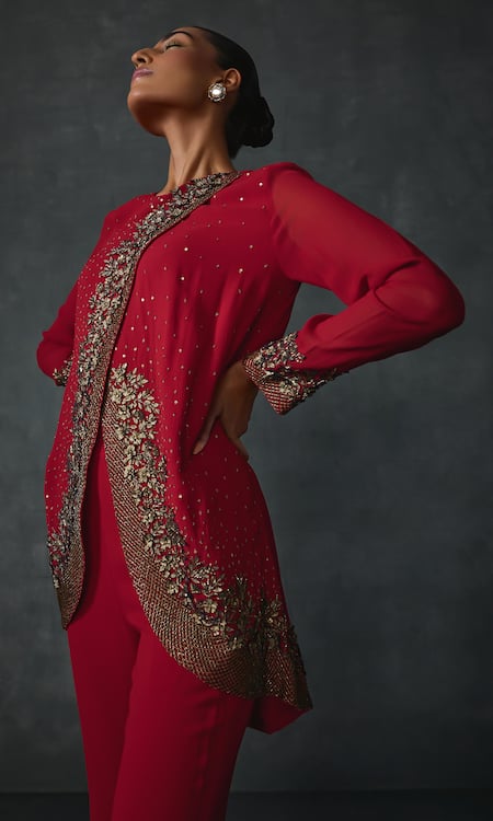 Shop Namrata Joshipura Red Georgette Embroidery Round Neck Lattice Floral Applique Top With Flared Pant Online at Aza Fashions Shop_Namrata Joshipura_Red Georgette Embroidery Round Neck Lattice Floral Applique Top With Flared Pant _Online_at_Aza_Fashions