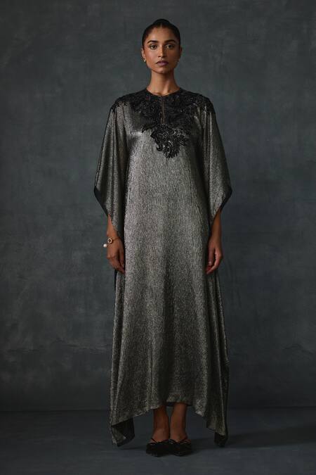 Namrata Joshipura Gold Chiffon Sequins, Beads Round Neck Peizuli Embellished Textured Kaftan Online at Aza Fashions Namrata Joshipura_Gold Chiffon Sequins, Beads Round Neck Peizuli Embellished Textured Kaftan _Online_at_Aza_Fashions