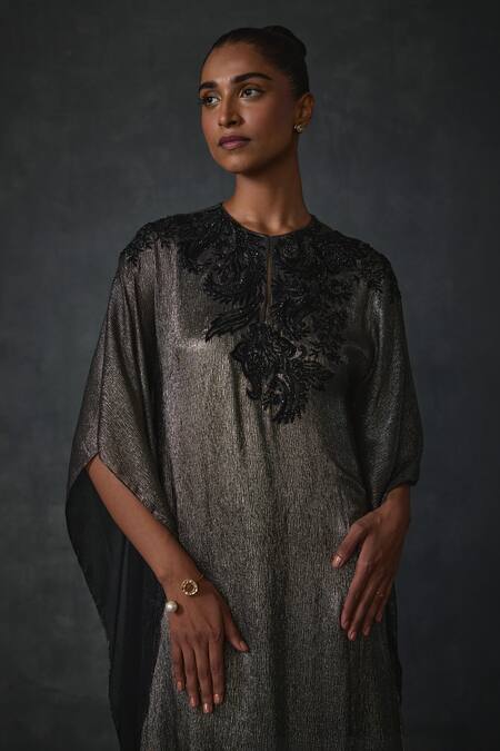 Shop Namrata Joshipura Gold Chiffon Sequins, Beads Round Neck Peizuli Embellished Textured Kaftan Online at Aza Fashions Shop_Namrata Joshipura_Gold Chiffon Sequins, Beads Round Neck Peizuli Embellished Textured Kaftan _Online_at_Aza_Fashions