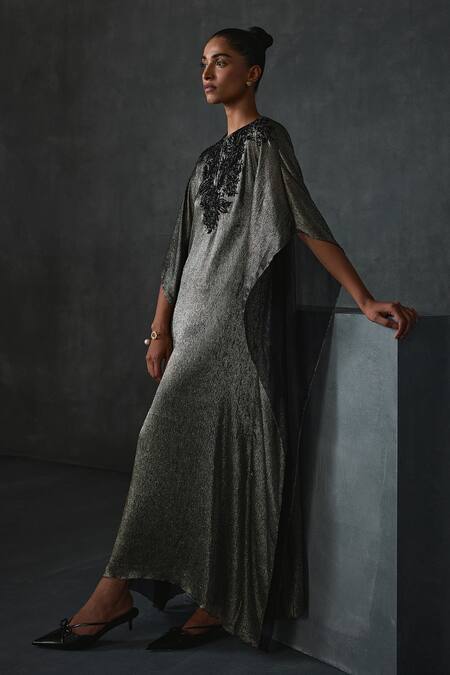 Namrata Joshipura Gold Chiffon Sequins, Beads Round Neck Peizuli Embellished Textured Kaftan at Aza Fashions Namrata Joshipura_Gold Chiffon Sequins, Beads Round Neck Peizuli Embellished Textured Kaftan _at_Aza_Fashions