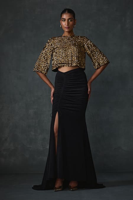 NAMRATA JOSHIPURA Black Jersey Embellished Bead Round Bark Sequin Crop Top With Mermaid Skirt 