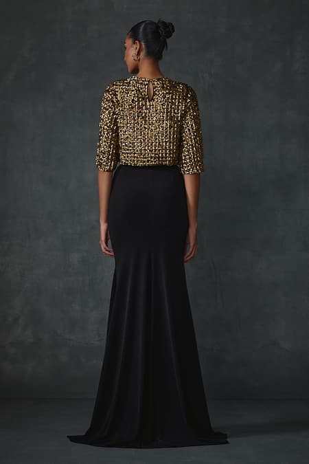 Shop Namrata Joshipura Black Jersey Sequins, Beads Round Bark Embellished Crop Top With Mermaid Skirt at Aza Fashions Shop_Namrata Joshipura_Black Jersey Sequins, Beads Round Bark Embellished Crop Top With Mermaid Skirt _at_Aza_Fashions
