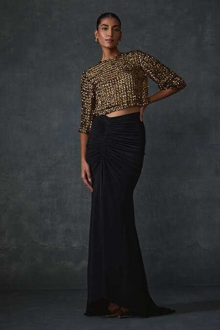 Namrata Joshipura Black Jersey Sequins, Beads Round Bark Embellished Crop Top With Mermaid Skirt Online at Aza Fashions Namrata Joshipura_Black Jersey Sequins, Beads Round Bark Embellished Crop Top With Mermaid Skirt _Online_at_Aza_Fashions