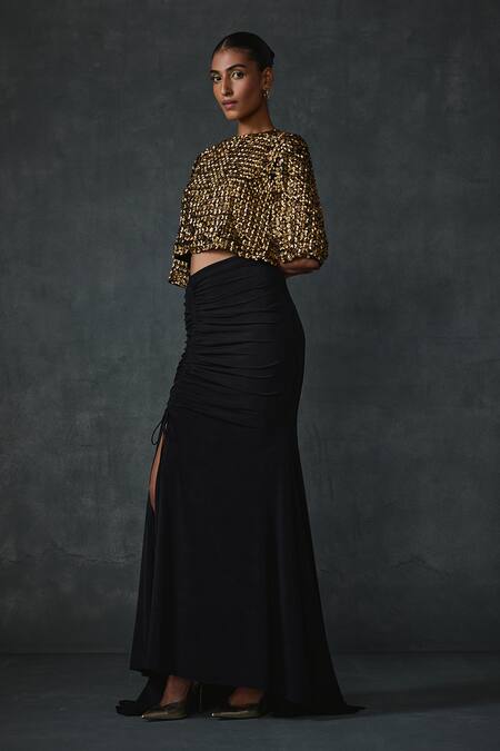 Shop Namrata Joshipura Black Jersey Sequins, Beads Round Bark Embellished Crop Top With Mermaid Skirt Online at Aza Fashions Shop_Namrata Joshipura_Black Jersey Sequins, Beads Round Bark Embellished Crop Top With Mermaid Skirt _Online_at_Aza_Fashions