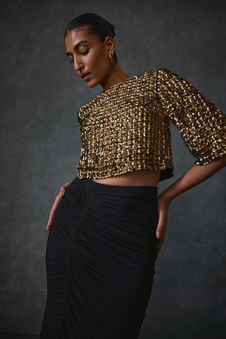 Namrata Joshipura Black Jersey Sequins, Beads Round Bark Embellished Crop Top With Mermaid Skirt at Aza Fashions Namrata Joshipura_Black Jersey Sequins, Beads Round Bark Embellished Crop Top With Mermaid Skirt _at_Aza_Fashions