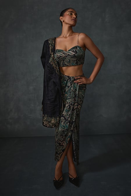 Shop Namrata Joshipura Black Satin Sequins, Beads Sweetheart Paisley Print Jacket Overlap Skirt Set at Aza Fashions Shop_Namrata Joshipura_Black Satin Sequins, Beads Sweetheart Paisley Print Jacket Overlap Skirt Set _at_Aza_Fashions
