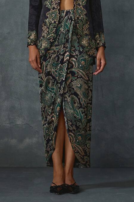 Namrata Joshipura Black Satin Sequins, Beads Sweetheart Paisley Print Jacket Overlap Skirt Set Online at Aza Fashions Namrata Joshipura_Black Satin Sequins, Beads Sweetheart Paisley Print Jacket Overlap Skirt Set _Online_at_Aza_Fashions