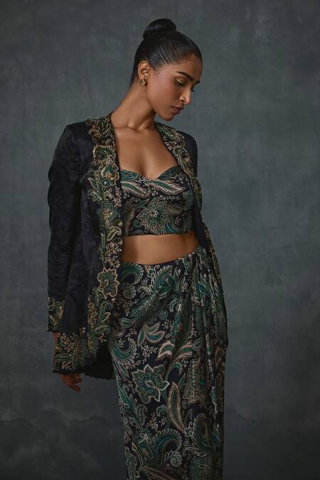 Buy Namrata Joshipura Black Satin Sequins, Beads Sweetheart Paisley Print Jacket Overlap Skirt Set Online at Aza Fashions Buy_Namrata Joshipura_Black Satin Sequins, Beads Sweetheart Paisley Print Jacket Overlap Skirt Set _Online_at_Aza_Fashions