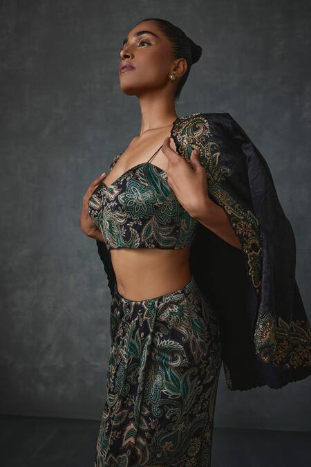 Shop Namrata Joshipura Black Satin Sequins, Beads Sweetheart Paisley Print Jacket Overlap Skirt Set Online at Aza Fashions Shop_Namrata Joshipura_Black Satin Sequins, Beads Sweetheart Paisley Print Jacket Overlap Skirt Set _Online_at_Aza_Fashions