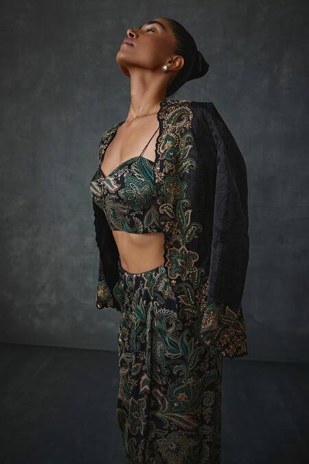 Namrata Joshipura Black Satin Sequins, Beads Sweetheart Paisley Print Jacket Overlap Skirt Set at Aza Fashions Namrata Joshipura_Black Satin Sequins, Beads Sweetheart Paisley Print Jacket Overlap Skirt Set _at_Aza_Fashions
