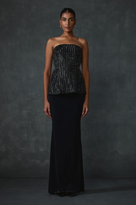 Shop Namrata Joshipura Black Jersey Beads Collared Glissara Peplum Top With Skirt at Aza Fashions Shop_Namrata Joshipura_Black Jersey Beads Collared Glissara Peplum Top With Skirt _at_Aza_Fashions