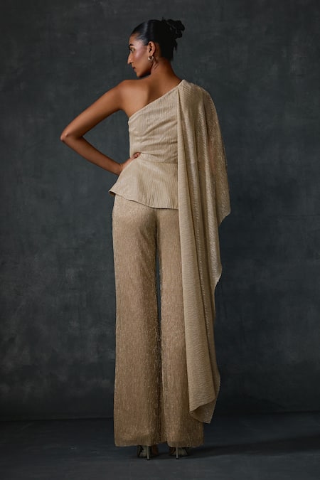Shop Namrata Joshipura Gold Crepe Beads One Shoulder Glissara Peplum Top With Pant at Aza Fashions Shop_Namrata Joshipura_Gold Crepe Beads One Shoulder Glissara Peplum Top With Pant _at_Aza_Fashions