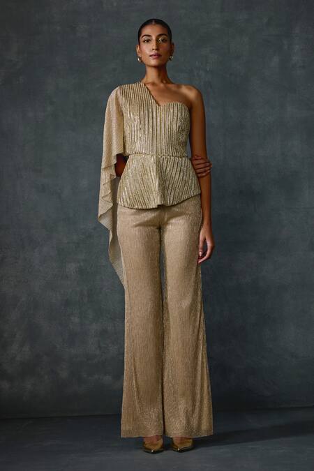 Buy Namrata Joshipura Gold Crepe Beads One Shoulder Glissara Peplum Top With Pant Online at Aza Fashions Buy_Namrata Joshipura_Gold Crepe Beads One Shoulder Glissara Peplum Top With Pant _Online_at_Aza_Fashions