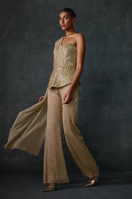 Shop Namrata Joshipura Gold Crepe Beads One Shoulder Glissara Peplum Top With Pant Online at Aza Fashions Shop_Namrata Joshipura_Gold Crepe Beads One Shoulder Glissara Peplum Top With Pant _Online_at_Aza_Fashions