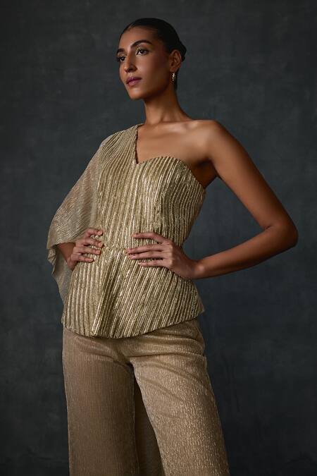 Namrata Joshipura Gold Crepe Beads One Shoulder Glissara Peplum Top With Pant at Aza Fashions Namrata Joshipura_Gold Crepe Beads One Shoulder Glissara Peplum Top With Pant _at_Aza_Fashions