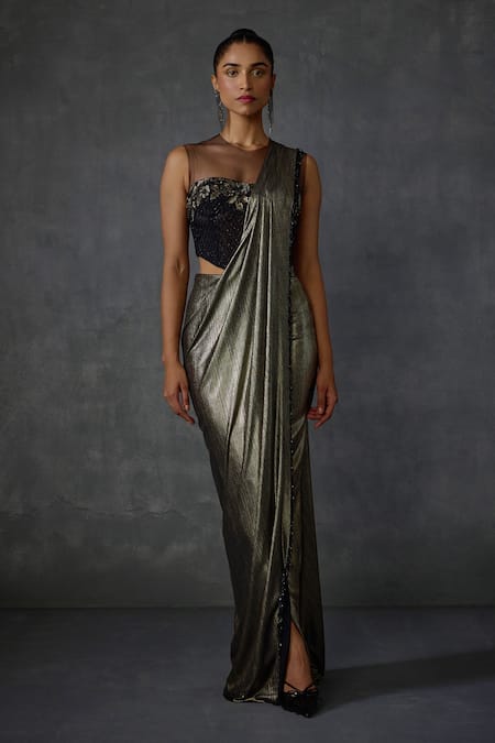 Namrata Joshipura Lattice Metallic Pre-Draped Saree With Corset 