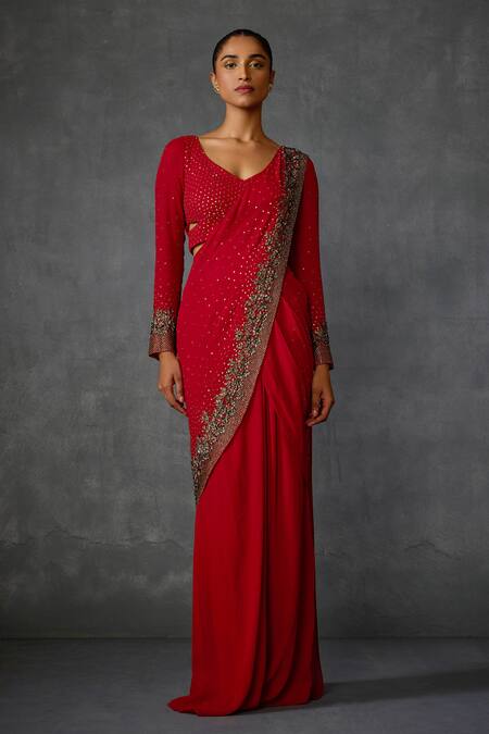 Namrata Joshipura_Red Georgette Sequins, Beads V-neck Lattice Pre-draped Saree With Blouse _Online_at_Aza_Fashions