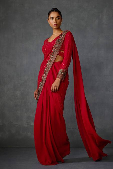 Buy_Namrata Joshipura_Red Georgette Sequins, Beads V-neck Lattice Pre-draped Saree With Blouse _Online_at_Aza_Fashions