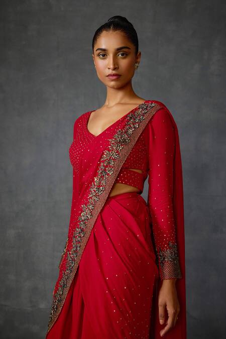 Shop_Namrata Joshipura_Red Georgette Sequins, Beads V-neck Lattice Pre-draped Saree With Blouse _Online_at_Aza_Fashions