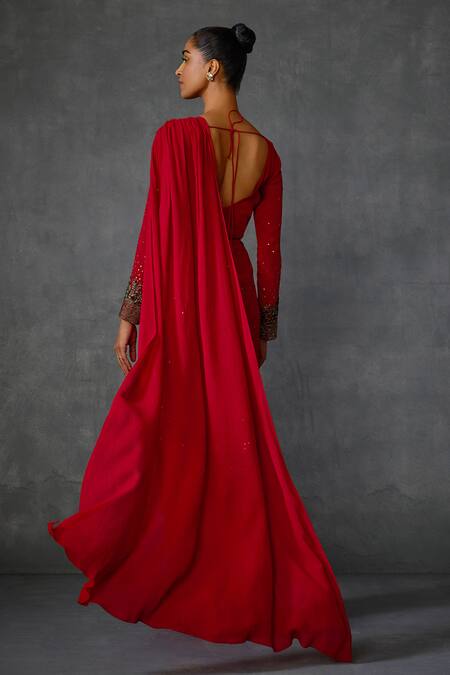 Namrata Joshipura_Red Georgette Sequins, Beads V-neck Lattice Pre-draped Saree With Blouse _at_Aza_Fashions