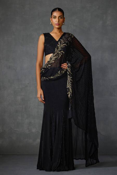 Namrata Joshipura_Black Jersey Sequins, Beads Autumn Fern Godet Pre-draped Saree With Blouse _Online_at_Aza_Fashions