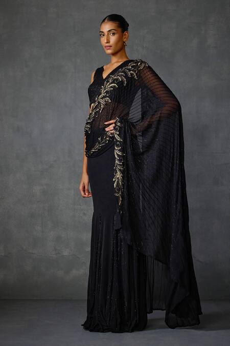 Buy_Namrata Joshipura_Black Jersey Sequins, Beads Autumn Fern Godet Pre-draped Saree With Blouse _Online_at_Aza_Fashions