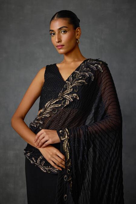 Shop_Namrata Joshipura_Black Jersey Sequins, Beads Autumn Fern Godet Pre-draped Saree With Blouse _Online_at_Aza_Fashions