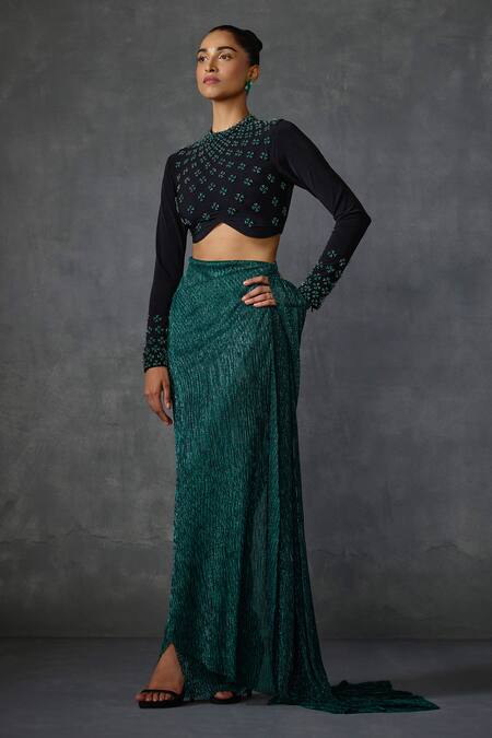 Namrata Joshipura_Green Crepe Stones Round Neck Jewel Pre-draped Saree Set _Online_at_Aza_Fashions