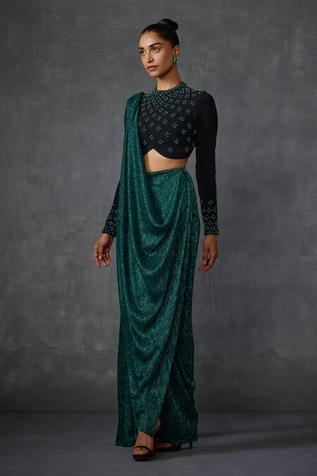 Buy_Namrata Joshipura_Green Crepe Stones Round Neck Jewel Pre-draped Saree Set _Online_at_Aza_Fashions