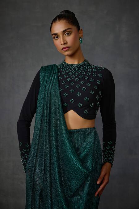Shop_Namrata Joshipura_Green Crepe Stones Round Neck Jewel Pre-draped Saree Set _Online_at_Aza_Fashions